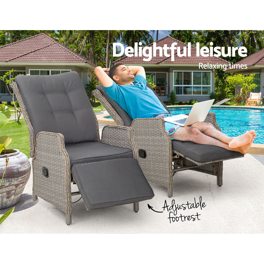 Gardeon 2PC Recliner Sun Lounge Chairs – Grey Adjustable Wicker Outdoor Furniture