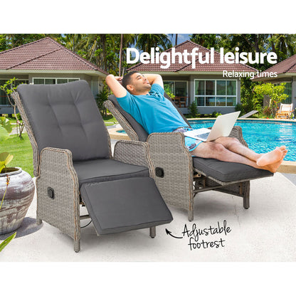 Gardeon 2PC Recliner Sun Lounge Chairs – Grey Adjustable Wicker Outdoor Furniture