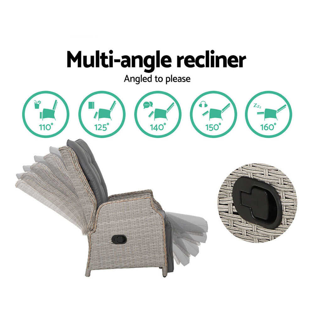 Gardeon 2PC Recliner Sun Lounge Chairs – Grey Adjustable Wicker Outdoor Furniture