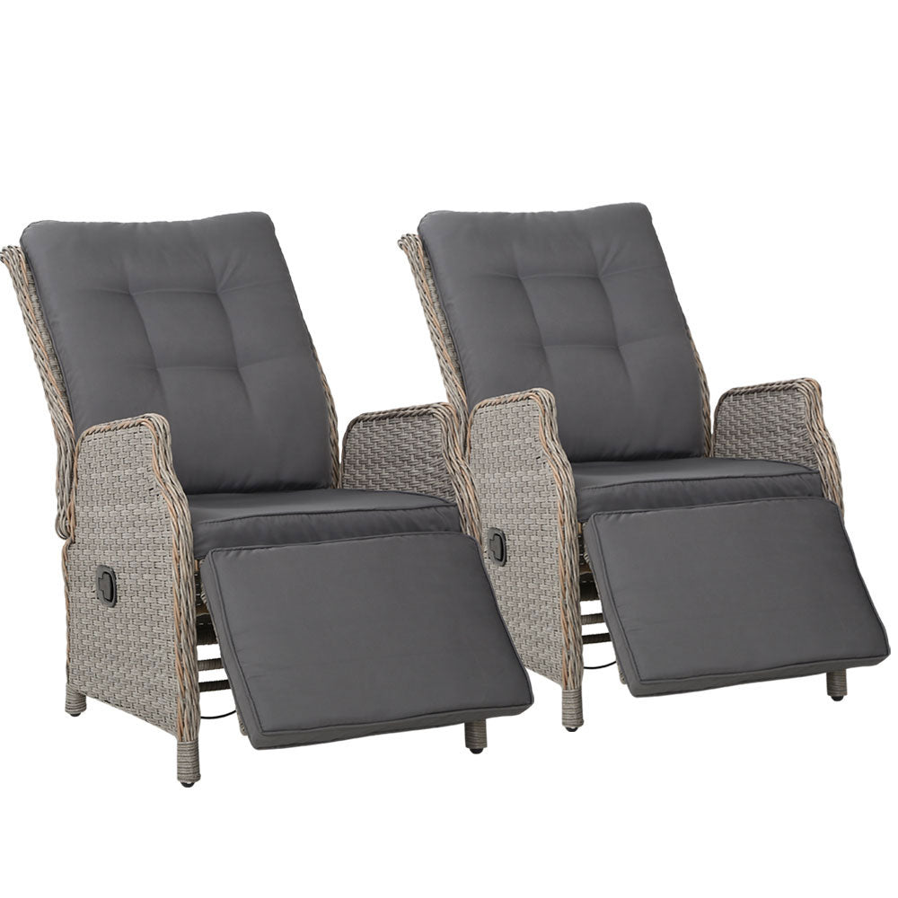 Gardeon 2PC Recliner Sun Lounge Chairs – Grey Adjustable Wicker Outdoor Furniture