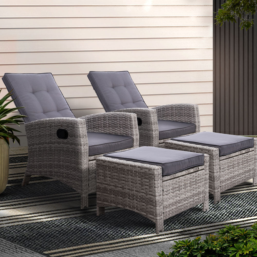 Gardeon 2PC Recliner Chairs – Adjustable Wicker Sun Lounges for Outdoor Patio (Grey)