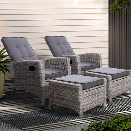Gardeon 2PC Recliner Chairs – Adjustable Wicker Sun Lounges for Outdoor Patio (Grey)