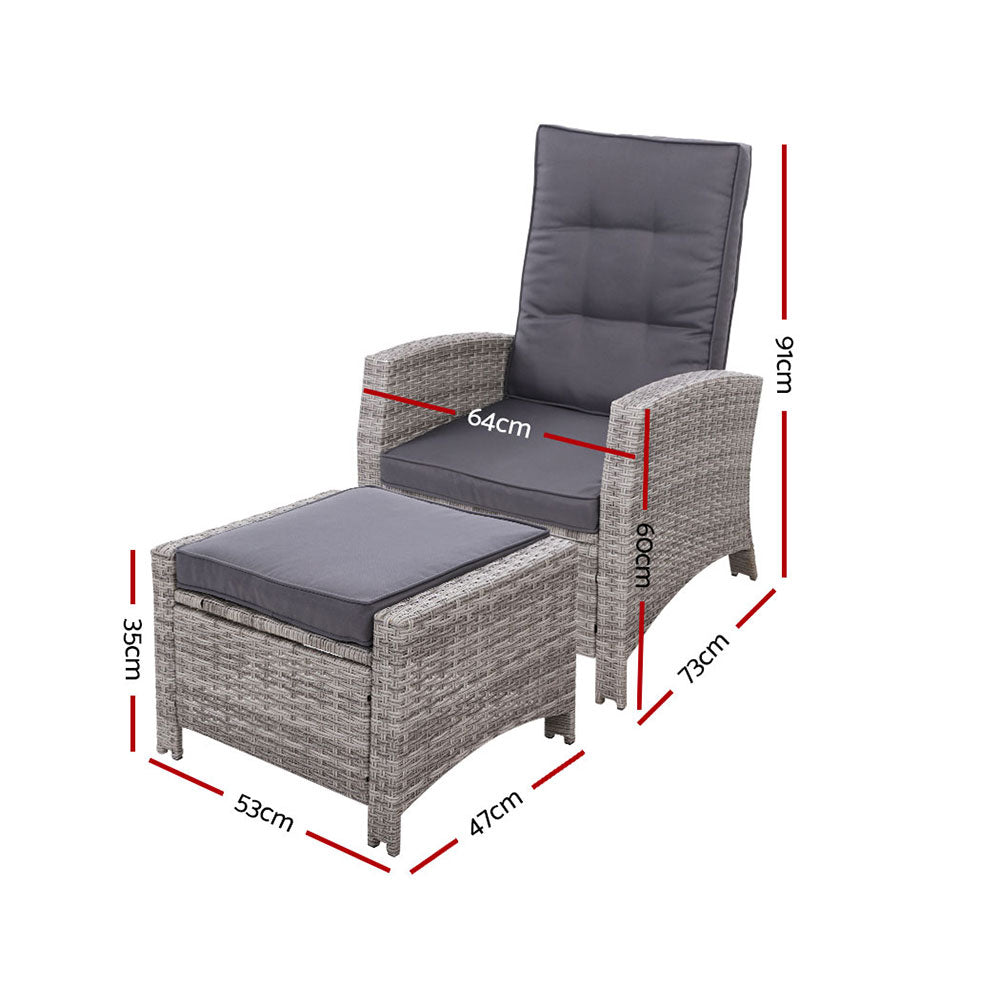 Gardeon 2PC Recliner Chairs – Adjustable Wicker Sun Lounges for Outdoor Patio (Grey)