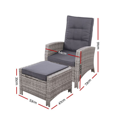 Gardeon 2PC Recliner Chairs – Adjustable Wicker Sun Lounges for Outdoor Patio (Grey)