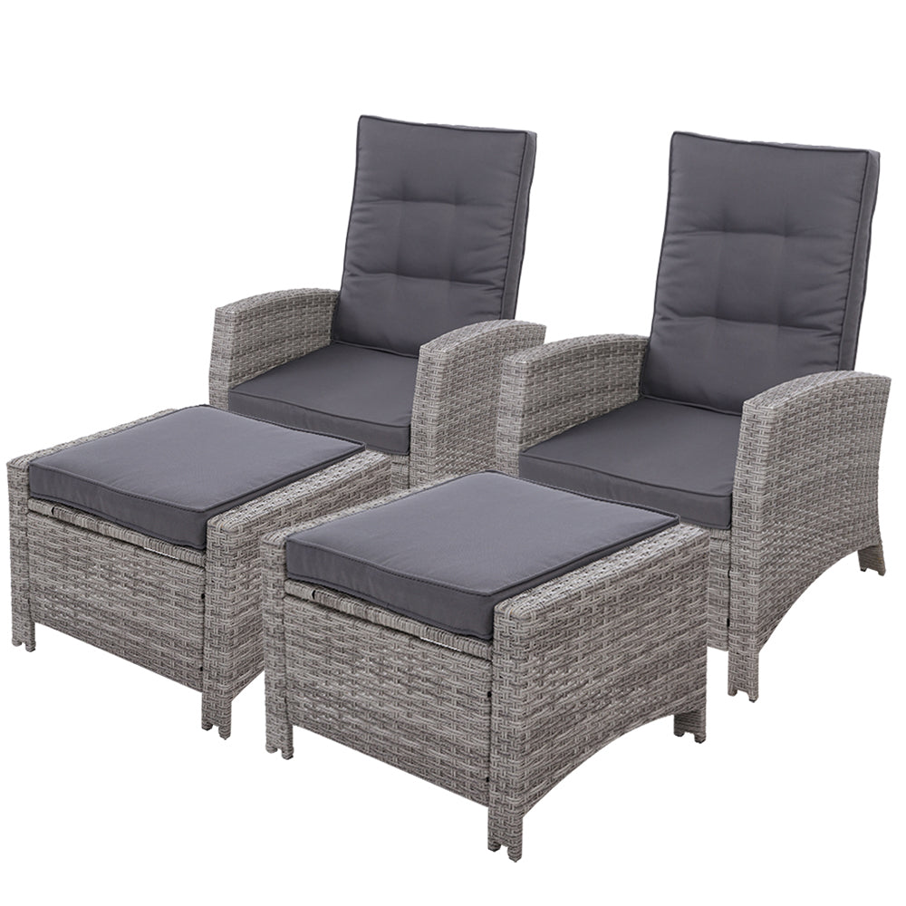 Gardeon 2PC Recliner Chairs – Adjustable Wicker Sun Lounges for Outdoor Patio (Grey)