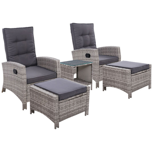 Gardeon 5-Piece Outdoor Recliner Set – Grey Wicker Sun Lounges with Table & Adjustable Chairs