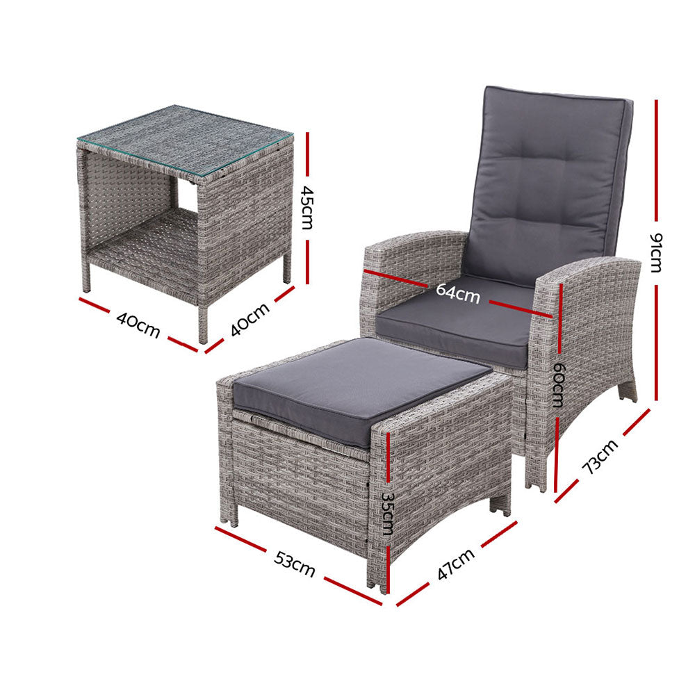 Gardeon 5-Piece Outdoor Recliner Set – Grey Wicker Sun Lounges with Table & Adjustable Chairs