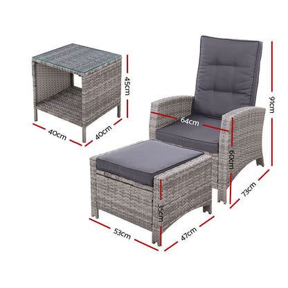 Gardeon 5-Piece Outdoor Recliner Set – Grey Wicker Sun Lounges with Table & Adjustable Chairs