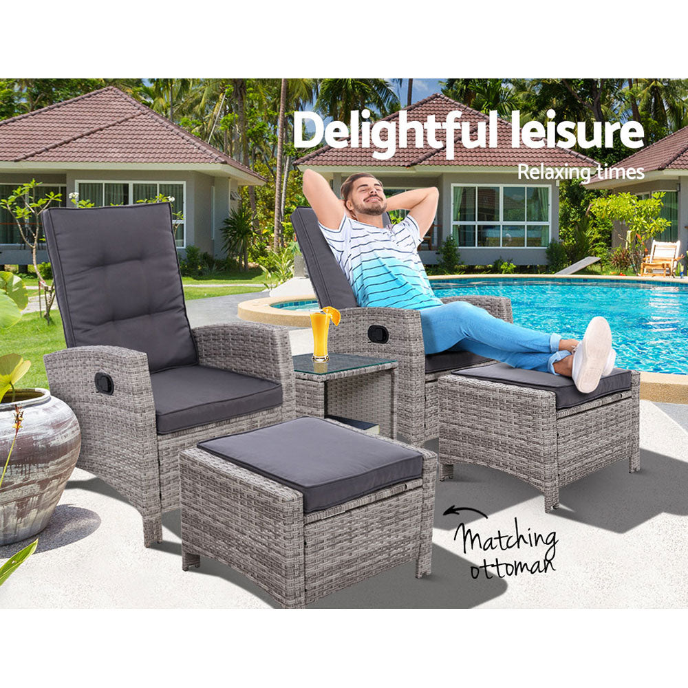 Gardeon 5-Piece Outdoor Recliner Set – Grey Wicker Sun Lounges with Table & Adjustable Chairs