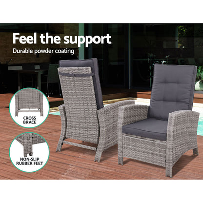 Gardeon 5-Piece Outdoor Recliner Set – Grey Wicker Sun Lounges with Table & Adjustable Chairs
