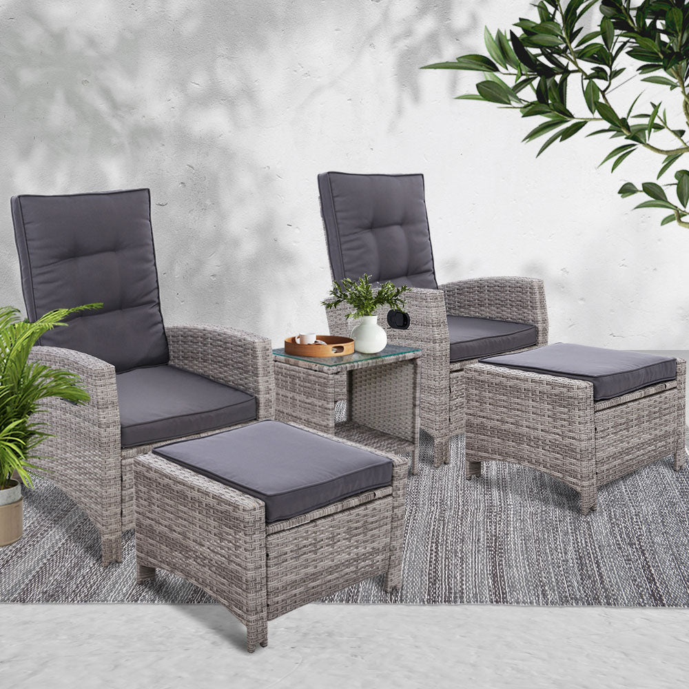 Gardeon 5-Piece Outdoor Recliner Set – Grey Wicker Sun Lounges with Table & Adjustable Chairs