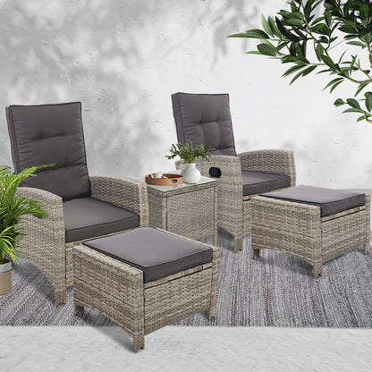 Gardeon 5-Piece Outdoor Recliner Set – Grey Wicker Sun Lounges with Table & Adjustable Chairs