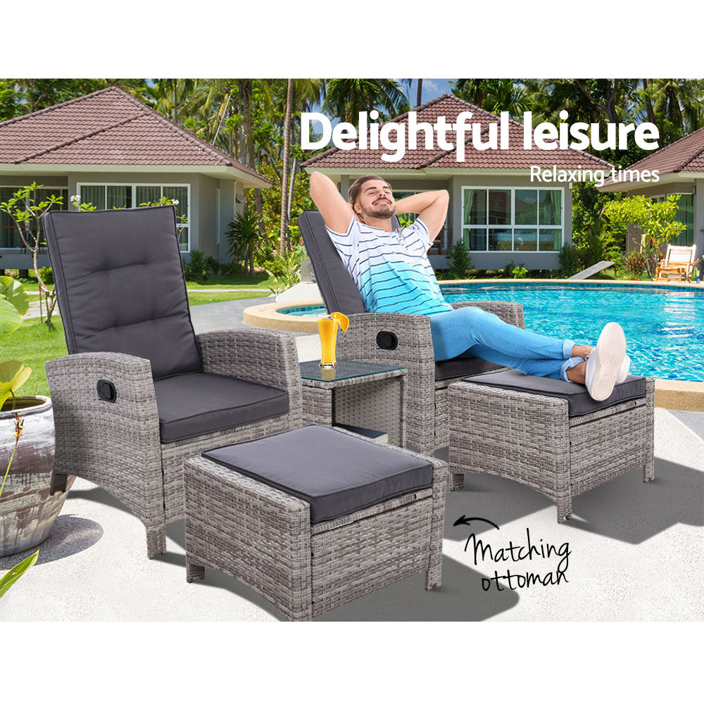 Gardeon 5-Piece Outdoor Recliner Set – Grey Wicker Sun Lounges with Table & Adjustable Chairs
