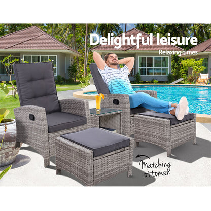 Gardeon 5-Piece Outdoor Recliner Set – Grey Wicker Sun Lounges with Table & Adjustable Chairs