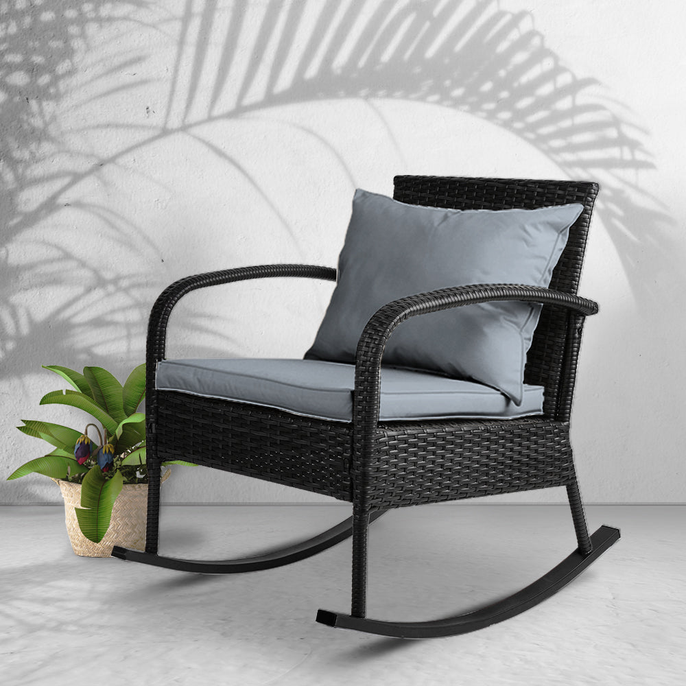 Gardeon Outdoor Wicker Rocking Chair – Black Garden Patio Lounge Furniture