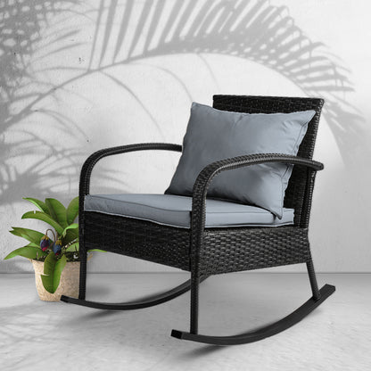 Gardeon Outdoor Wicker Rocking Chair – Black Garden Patio Lounge Furniture