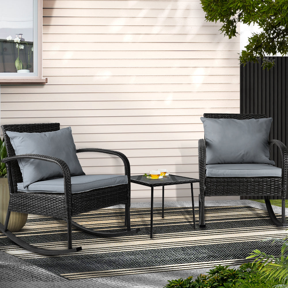 Gardeon 3PC Rocking Chair Set – Black Wicker Outdoor Patio Bistro Furniture with Table