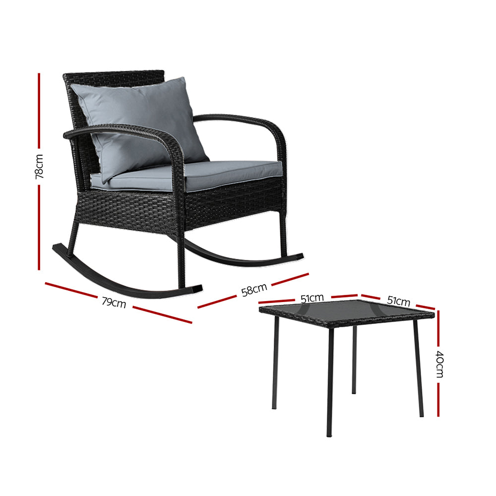 Gardeon 3PC Rocking Chair Set – Black Wicker Outdoor Patio Bistro Furniture with Table