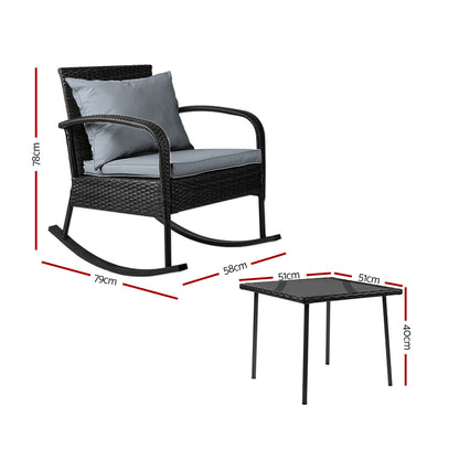 Gardeon 3PC Rocking Chair Set – Black Wicker Outdoor Patio Bistro Furniture with Table