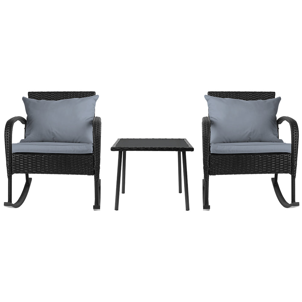 Gardeon 3PC Rocking Chair Set – Black Wicker Outdoor Patio Bistro Furniture with Table