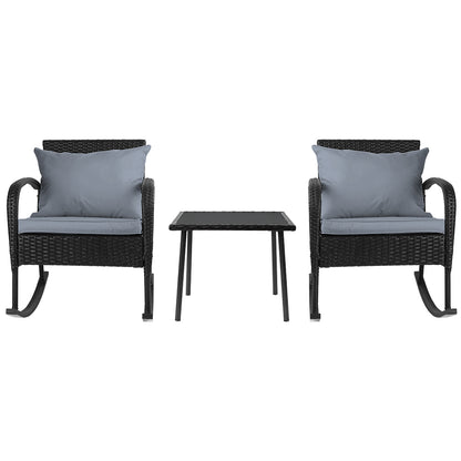 Gardeon 3PC Rocking Chair Set – Black Wicker Outdoor Patio Bistro Furniture with Table