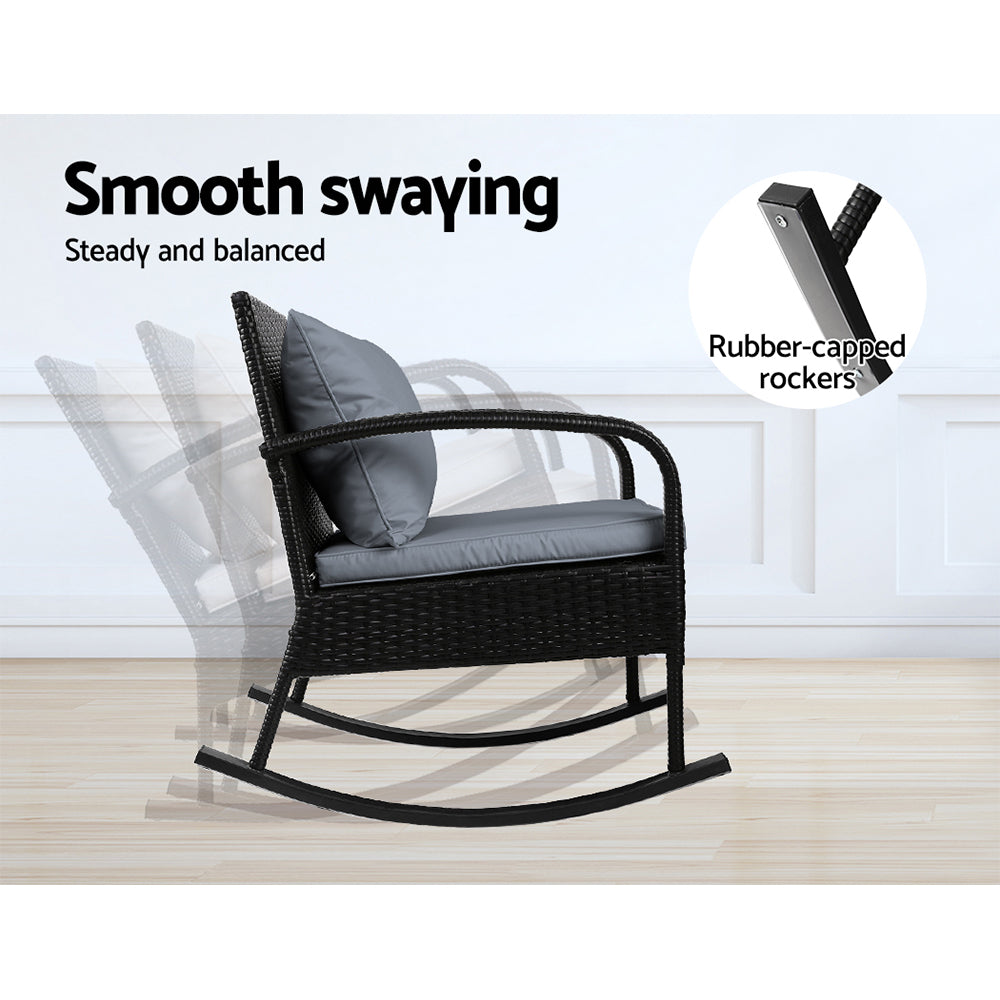 Gardeon 3PC Rocking Chair Set – Black Wicker Outdoor Patio Bistro Furniture with Table