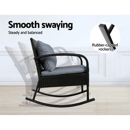 Gardeon 3PC Rocking Chair Set – Black Wicker Outdoor Patio Bistro Furniture with Table
