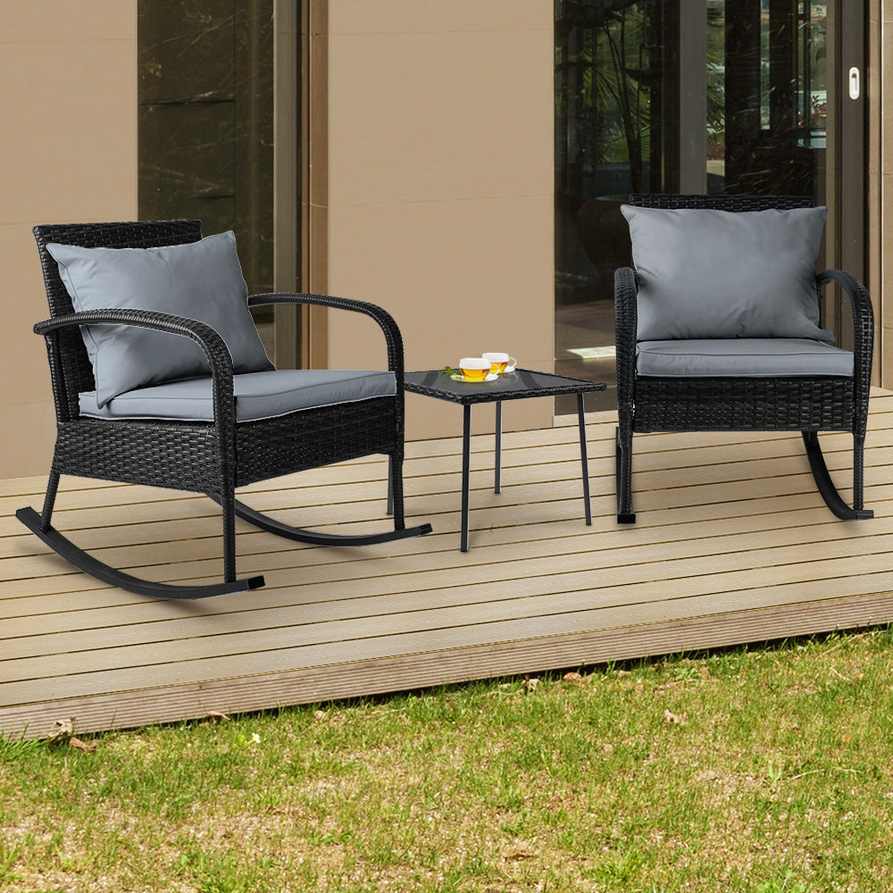 Gardeon 3PC Rocking Chair Set – Black Wicker Outdoor Patio Bistro Furniture with Table