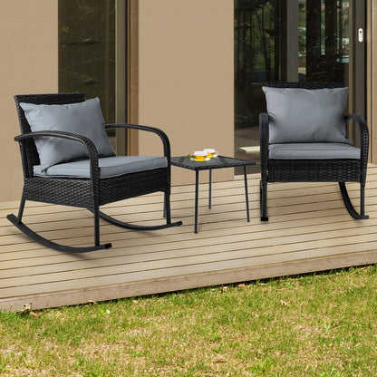 Gardeon 3PC Rocking Chair Set – Black Wicker Outdoor Patio Bistro Furniture with Table
