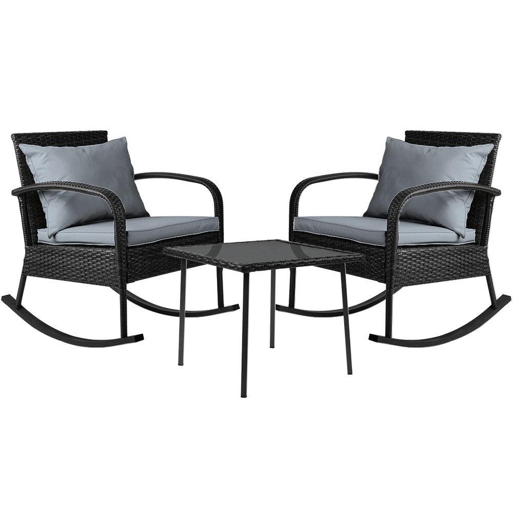 Gardeon 3PC Rocking Chair Set – Black Wicker Outdoor Patio Bistro Furniture with Table