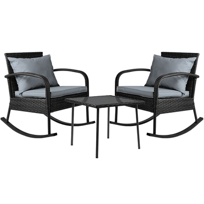 Gardeon 3PC Rocking Chair Set – Black Wicker Outdoor Patio Bistro Furniture with Table
