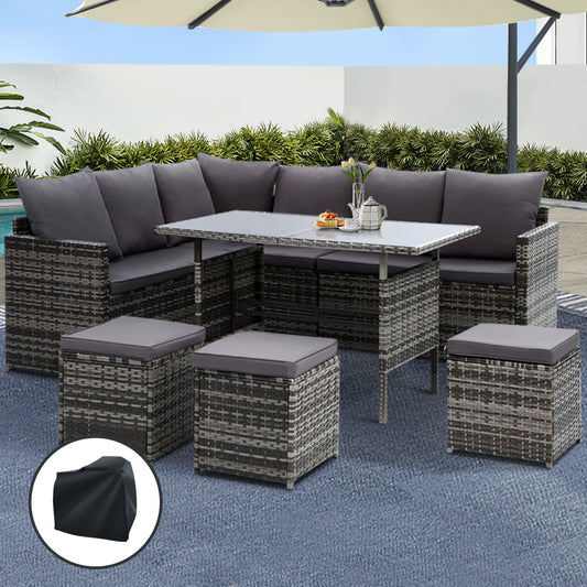 Gardeon Outdoor Dining Sofa Lounge Set – Grey Chairs, Table, Ottoman & Protective Cover