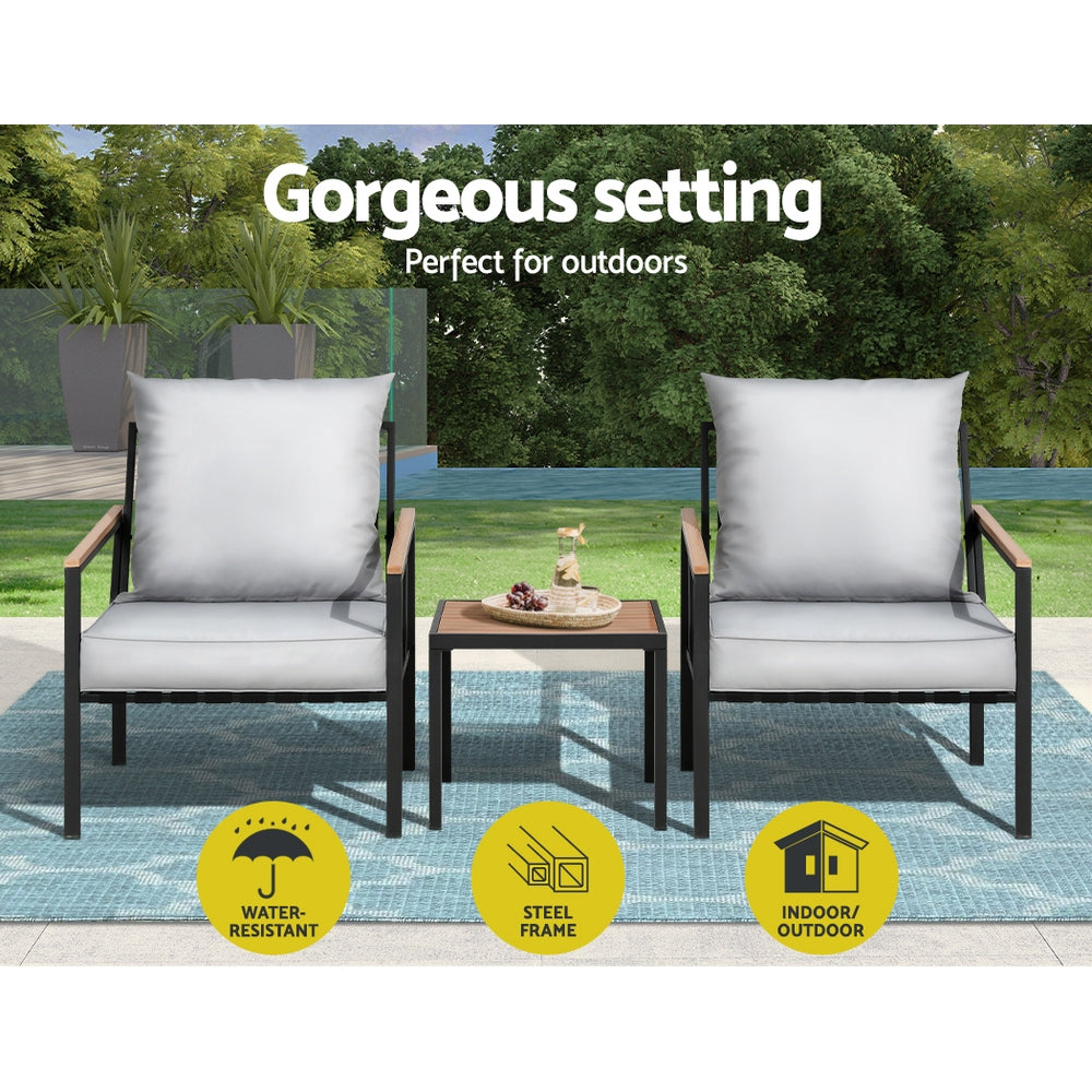 Gardeon 3PC Outdoor Bistro Set – Black Patio Lounge Chairs & Table Setting