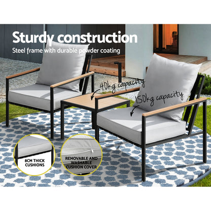 Gardeon 3PC Outdoor Bistro Set – Black Patio Lounge Chairs & Table Setting