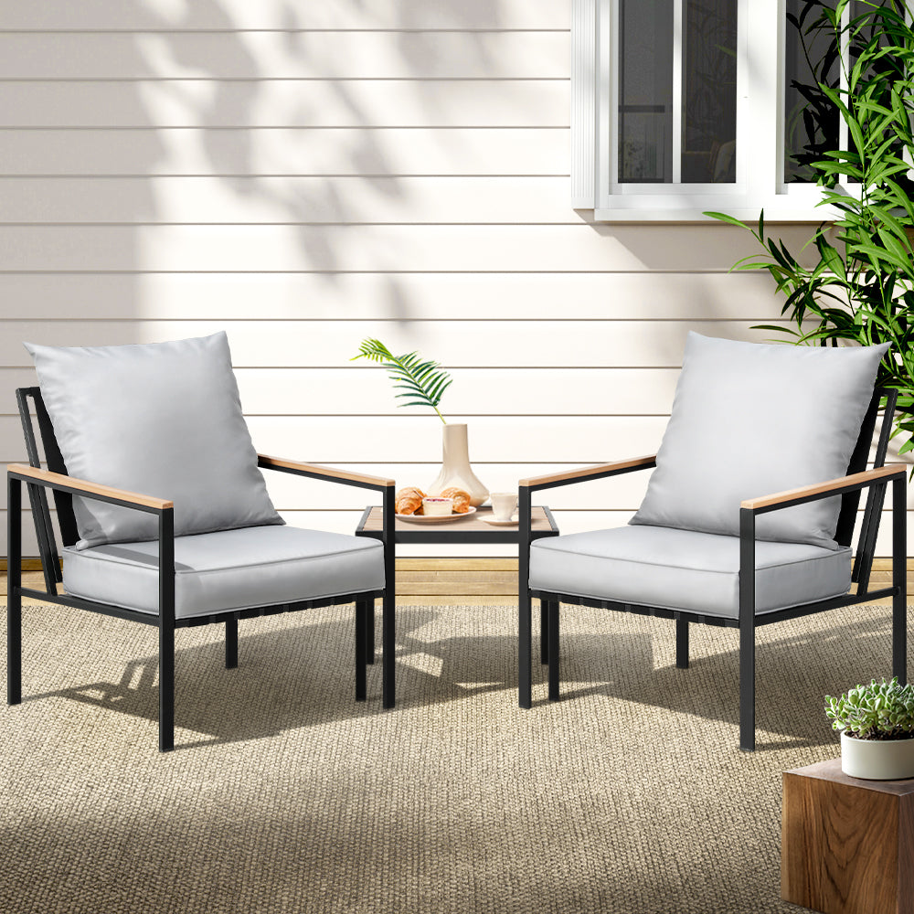 Gardeon 3PC Outdoor Bistro Set – Black Patio Lounge Chairs & Table Setting