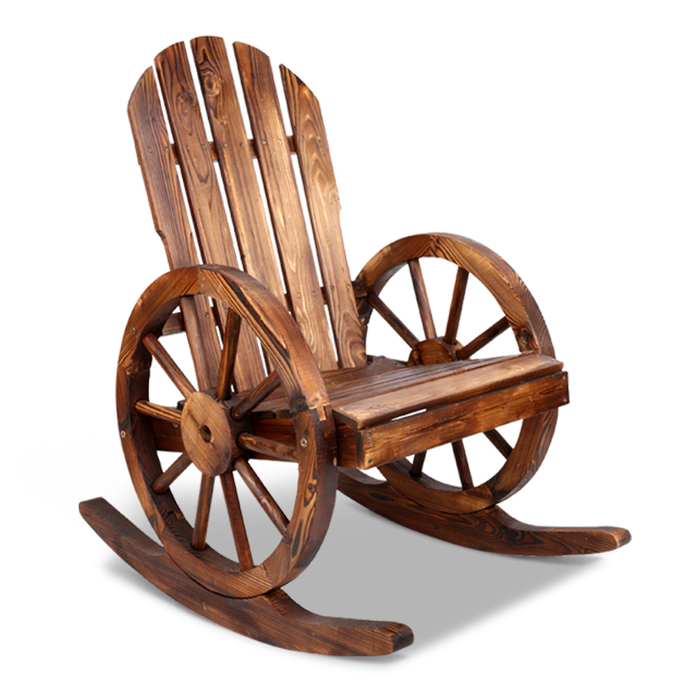 Gardeon Wagon Wheels Rocking Chair – Rustic Brown Wooden Outdoor Seat