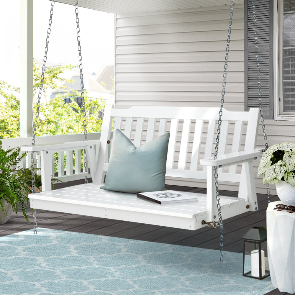 Gardeon Porch Swing Chair – White Wooden Garden Bench with Chain (Outdoor 2 Seater)