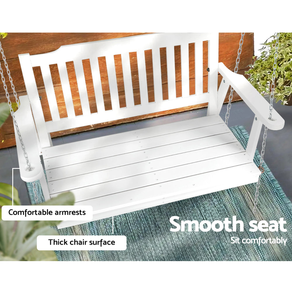 Gardeon Porch Swing Chair – White Wooden Garden Bench with Chain (Outdoor 2 Seater)