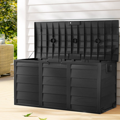 Gardeon 290L Outdoor Storage Box – All Black Lockable Garden Deck Organizer Shed