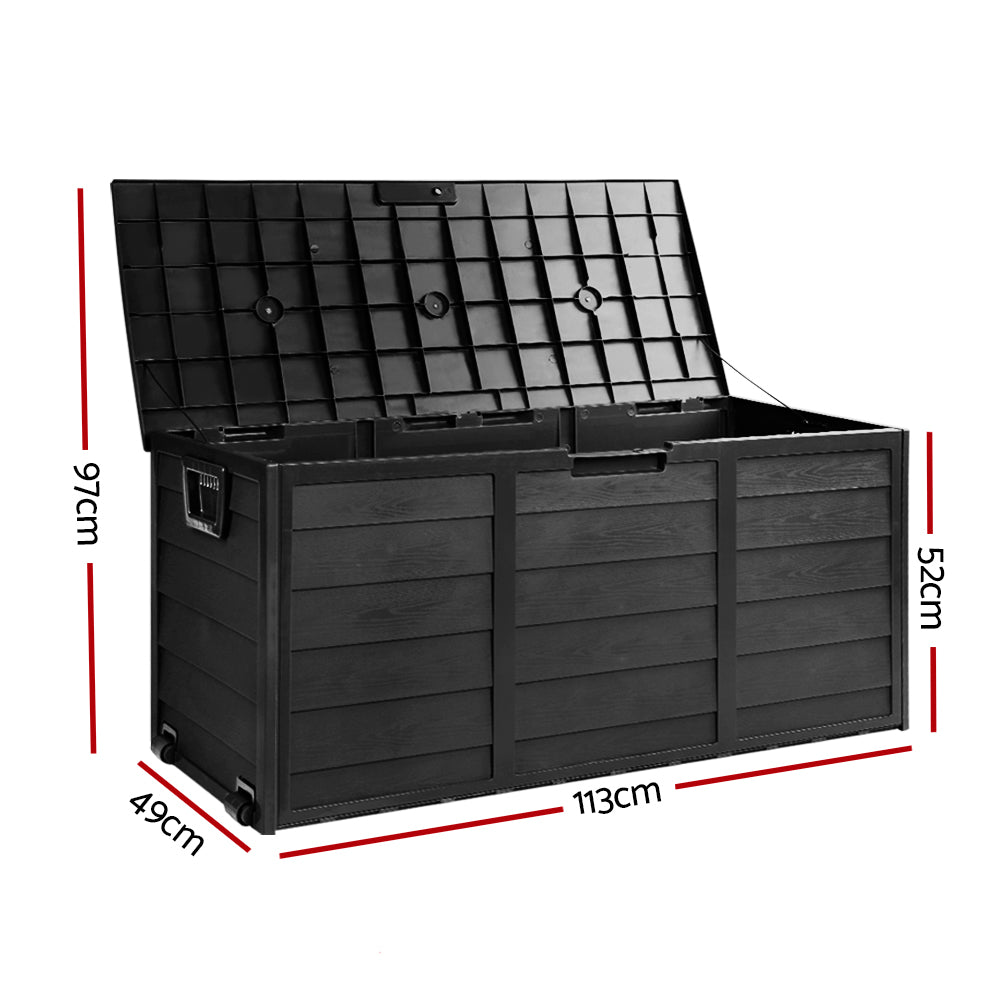 Gardeon 290L Outdoor Storage Box – All Black Lockable Garden Deck Organizer Shed