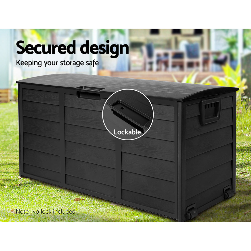 Gardeon 290L Outdoor Storage Box – All Black Lockable Garden Deck Organizer Shed