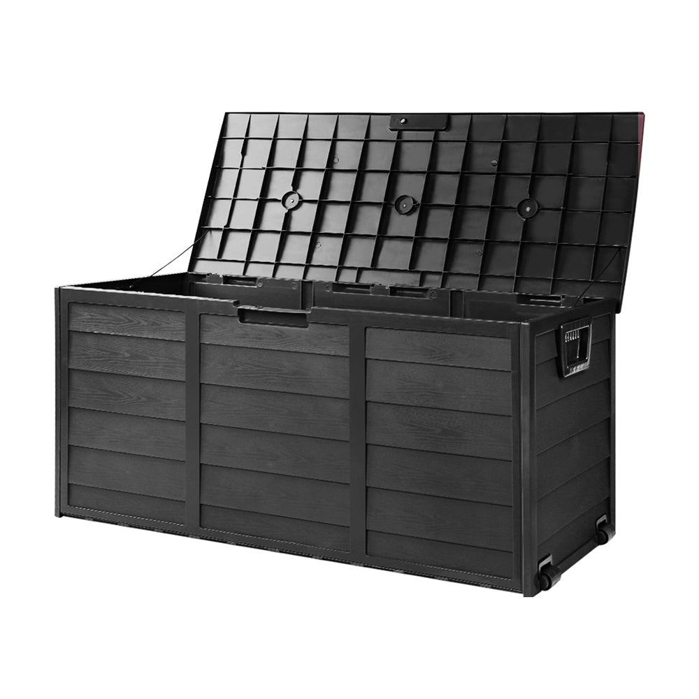 Gardeon 290L Outdoor Storage Box – All Black Lockable Garden Deck Organizer Shed