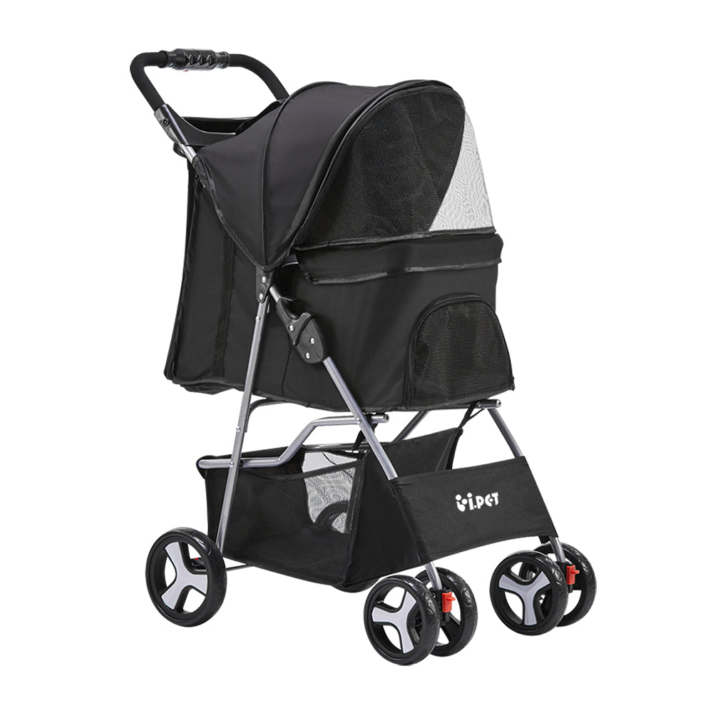 i.Pet 4-Wheel Pet Stroller – Black Foldable Dog & Cat Travel Carrier