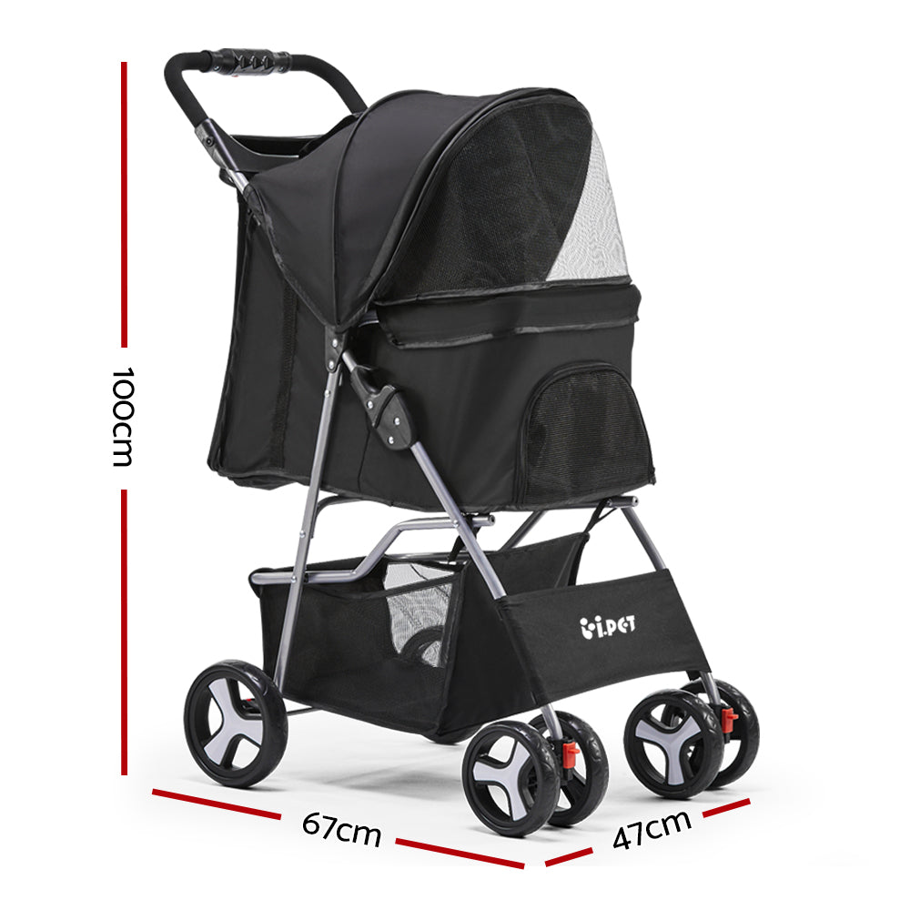 i.Pet 4-Wheel Pet Stroller – Black Foldable Dog & Cat Travel Carrier