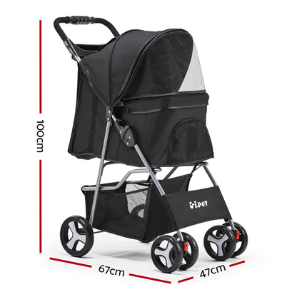 i.Pet 4-Wheel Pet Stroller – Black Foldable Dog & Cat Travel Carrier