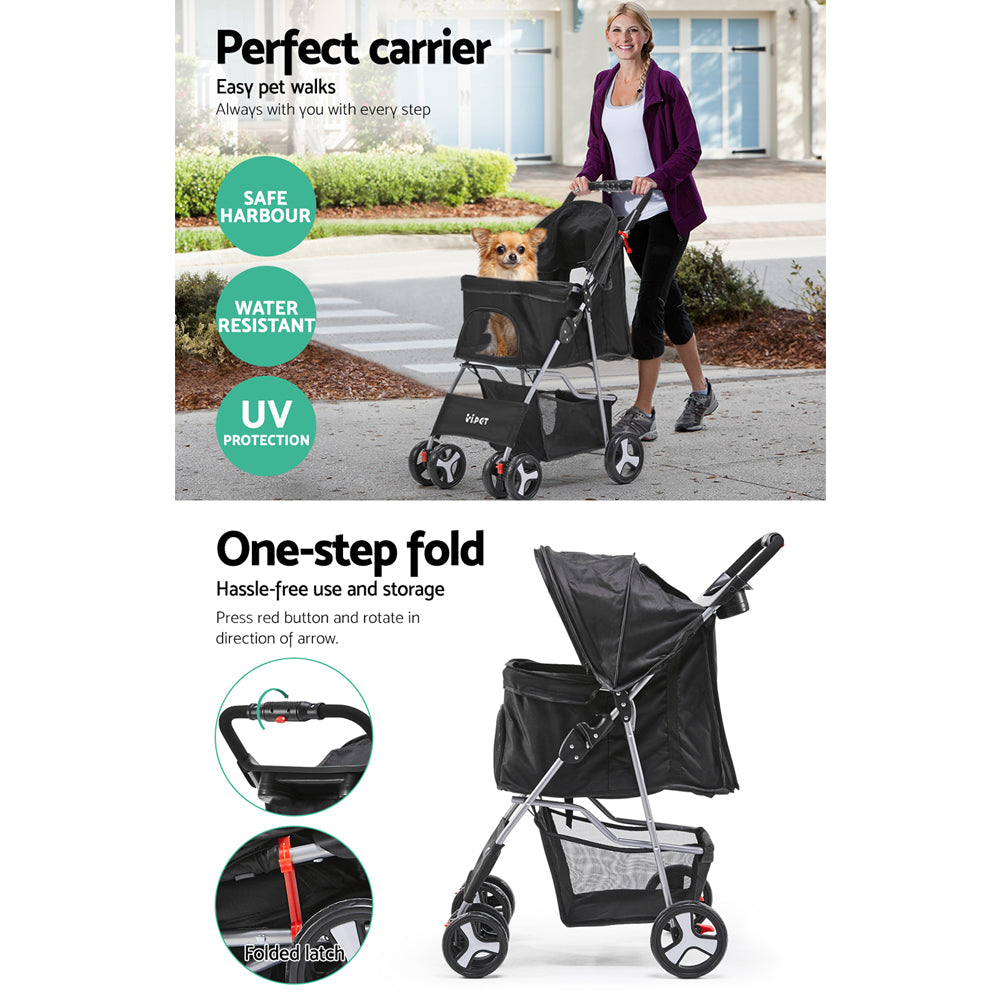 i.Pet 4-Wheel Pet Stroller – Black Foldable Dog & Cat Travel Carrier