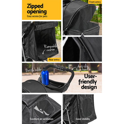 i.Pet 4-Wheel Pet Stroller – Black Foldable Dog & Cat Travel Carrier