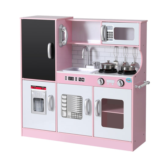 Keezi 80cm Kids Wooden Pretend Kitchen Set – Pink Play Cooking Toy with Oven, Pot & Blackboard