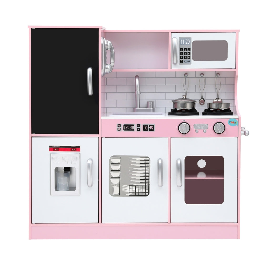 Keezi 80cm Kids Wooden Pretend Kitchen Set – Pink Play Cooking Toy with Oven, Pot & Blackboard
