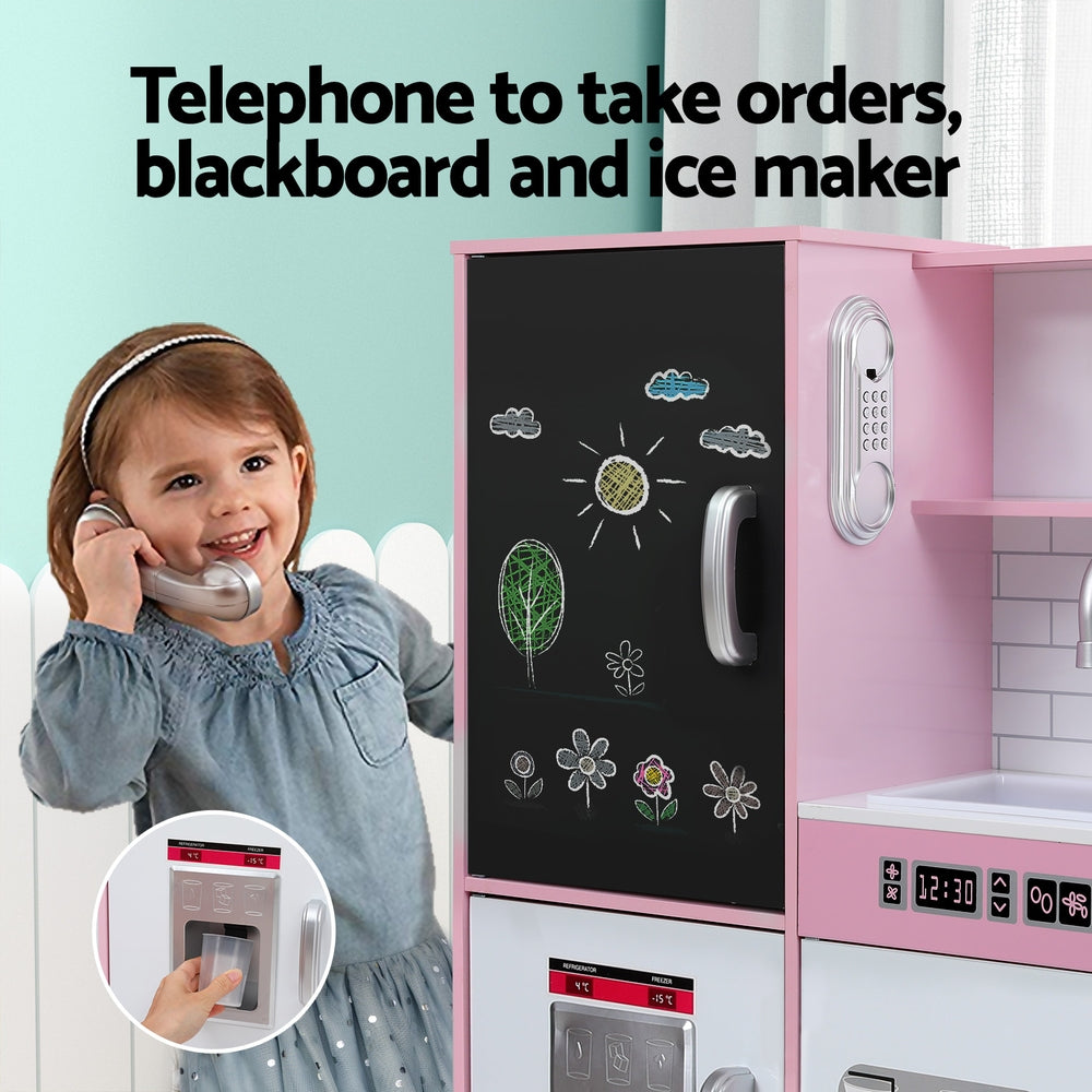 Keezi 80cm Kids Wooden Pretend Kitchen Set – Pink Play Cooking Toy with Oven, Pot & Blackboard